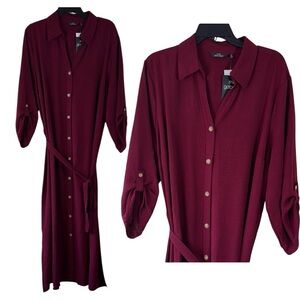 Mlle Gabrielle Dress Burgundy Shirt‎ Maxi 3/4 Sleeve Belted in Size 2X. NWT